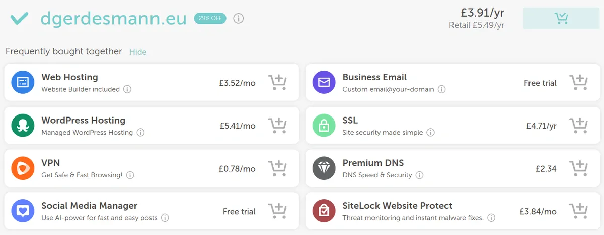Namecheap domain subscription interface showing optional addons