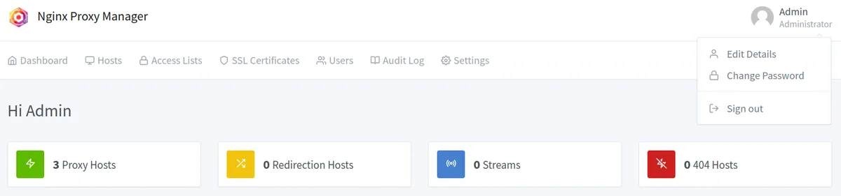 Nginx Proxy Manager home screen