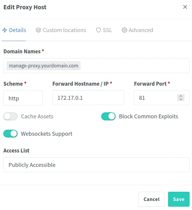 Example of how to edit a proxy host entry in Nginx Proxy Manager