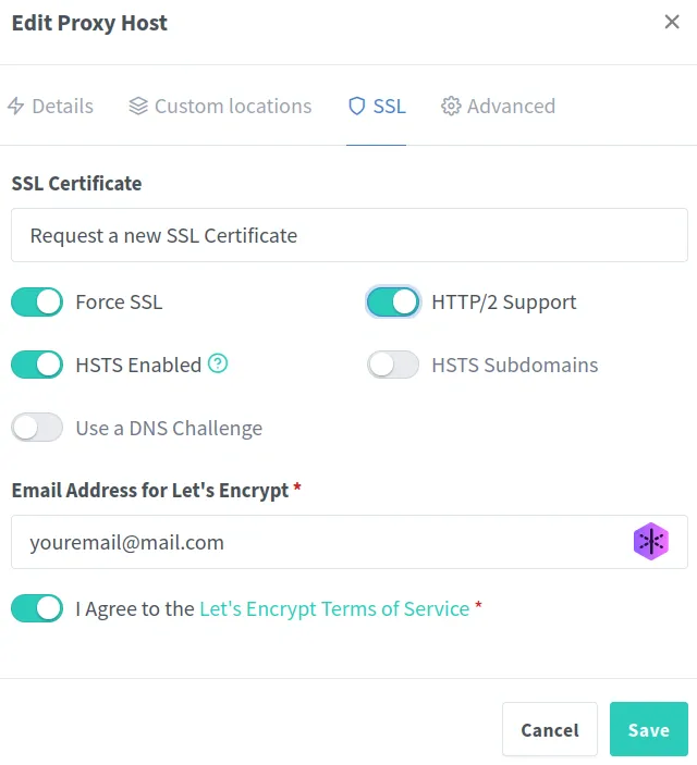 Requesting an SSL certificate in Nginx Proxy Manager