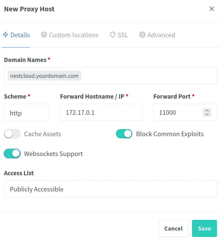Adding a proxy host for the Nextcloud container using Nginx Proxy Manager