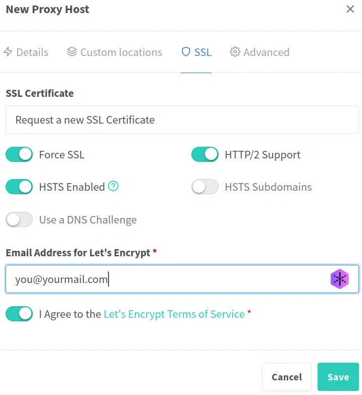 Requesting an SSL certificate using Nginx Proxy Manager