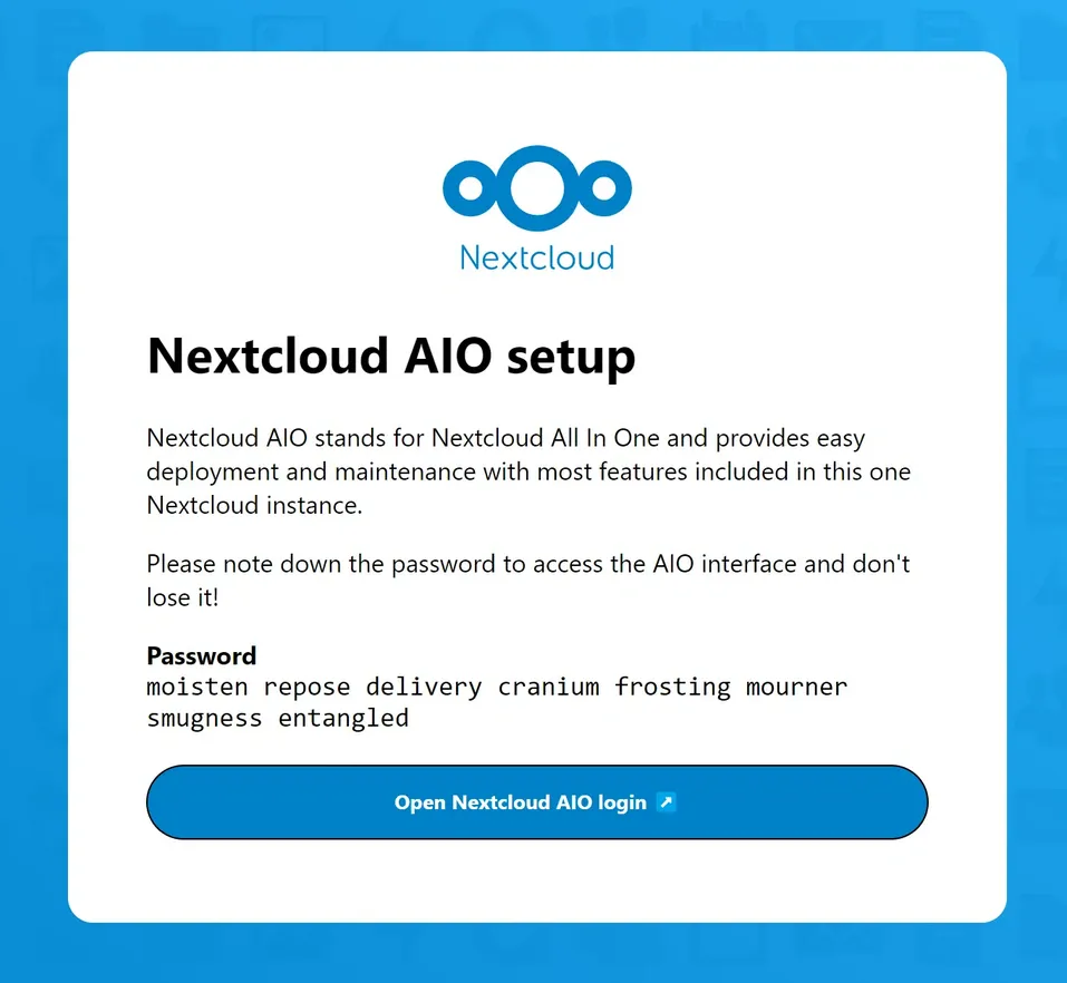 Nextcloud AIO setup interface displaying an important password to save
