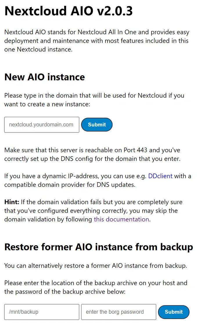 Nextcloud AIO setup interface