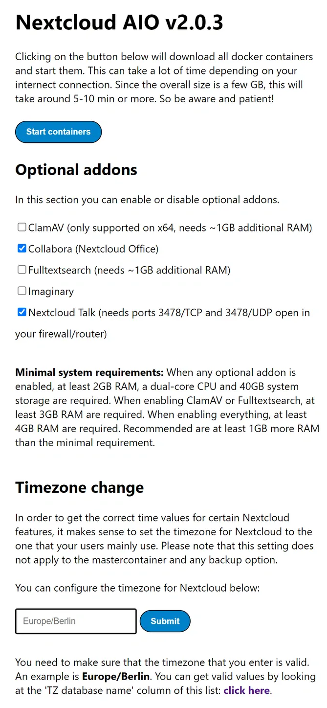 Nextcloud AIO setup interface showing optional addons