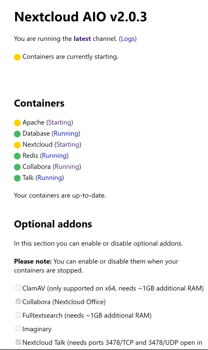 Nextcloud AIO interface displaying the status of various containers