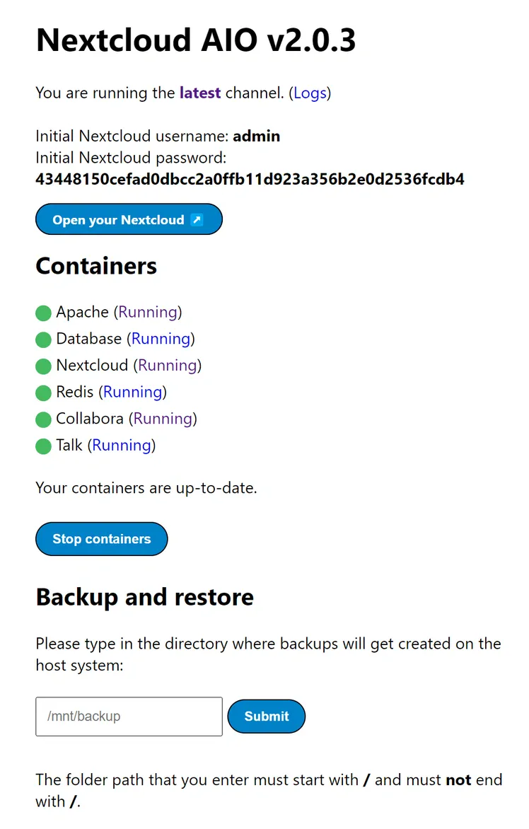 Nextcloud AIO interface indicating that all containers are running