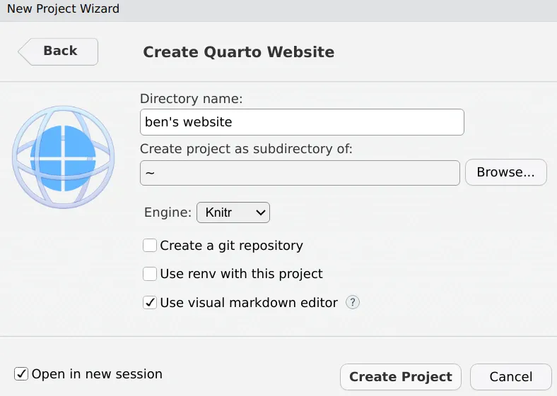 RStudio interface displaying options for creating a Quarto website