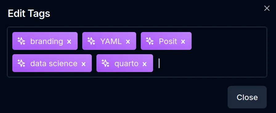 AI-generated tags displayed in Hoarder: branding, YAML, Posit, data science, Quarto.
