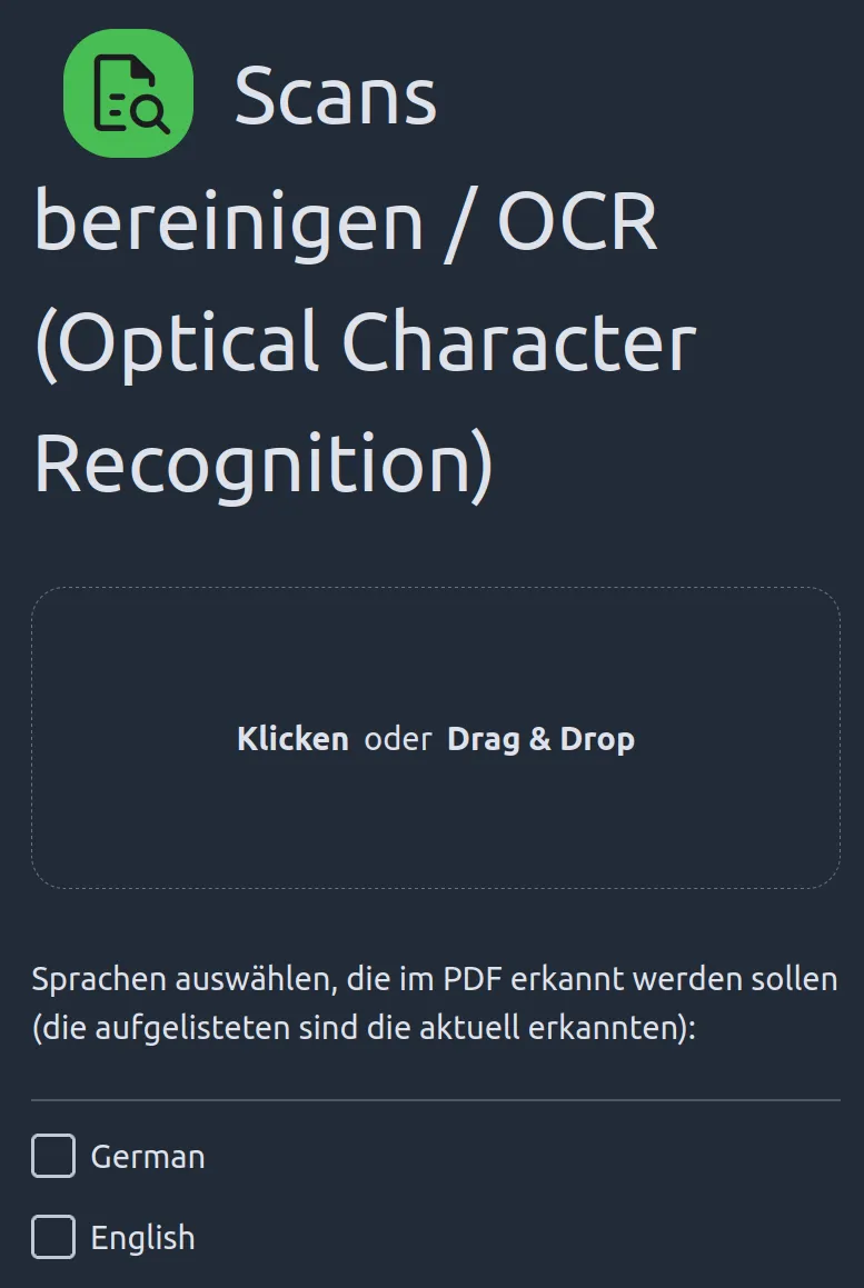 OCR menu displaying two tickboxes for English and German. The training data download was successful.