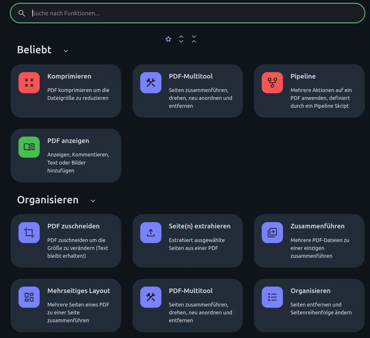 User interface displaying various PDF operations in dark mode.